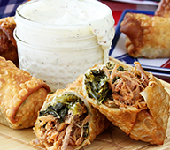 Pulled Pork And Collard Green Egg Rolls With Alabama White BBQ Dipping Sauce