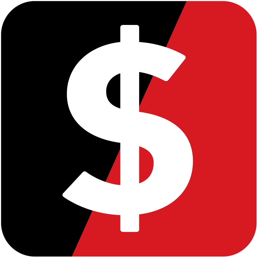 Icon with dollar sign on top of black and red background