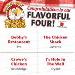 Graphic stating the Congratulations to the Flavorful Four: Bobby’s Restaurant in Eva The Chicken Shack in Luverne Crowe’s Chicken in Brundidge J’s Hole in the Wall in Bryant