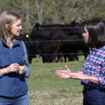 Katie Britt and Monica Caroll talking. Cattle in background.